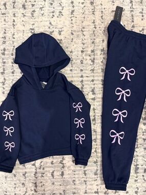 Chaser Kids Navy Jogger Set with Pink Bow Accents